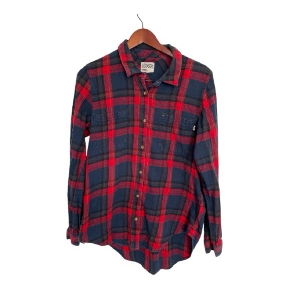 Vans Teens Navy and Red Plaid Button Down Shirt size XL - Picture 1 of 5